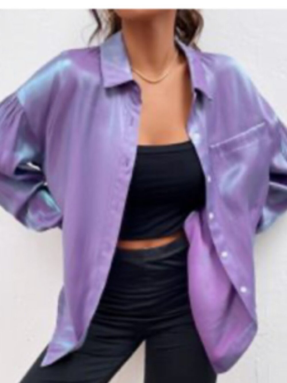 Shein Lavender Iridescent Blouson Sleeve Button Down Shirt